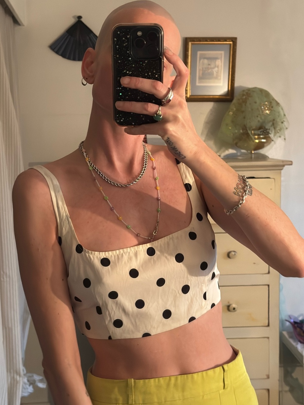 MNZ Polka Dot Crop Tank Top - Cream with Black Dots